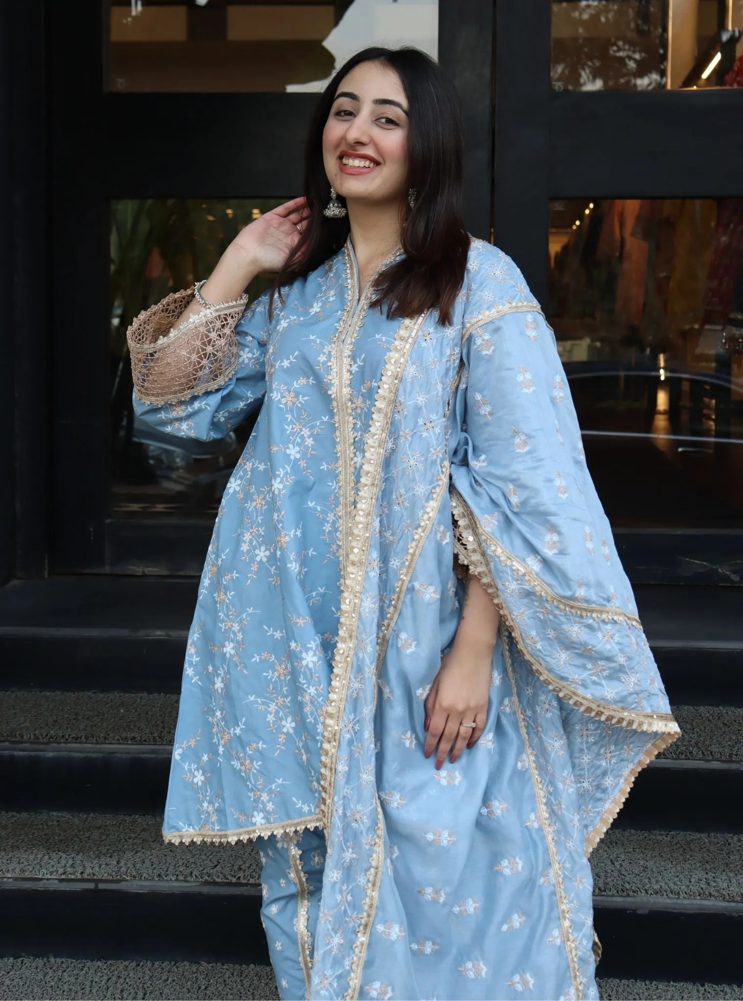 Mulmul Cotton Avira Blue Kurta with Mulmul Cotton Avira Blue Pant