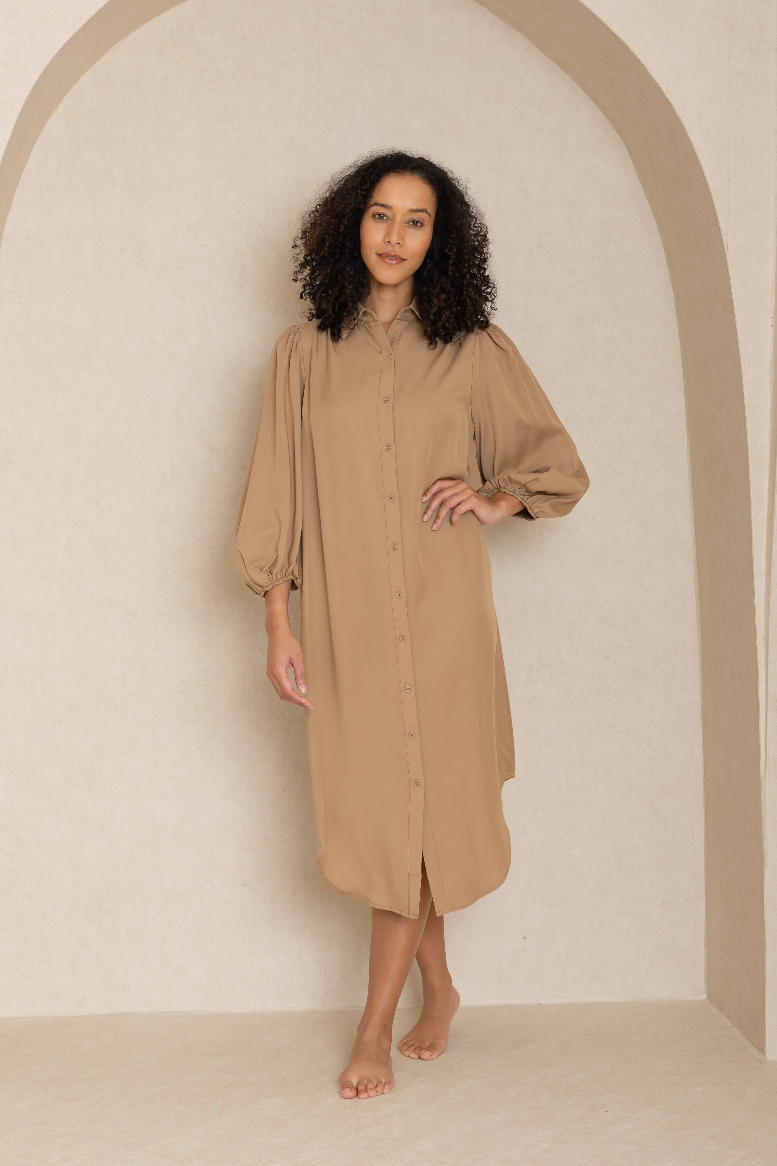 Neutral Bubble Sleeve Shirt Dress