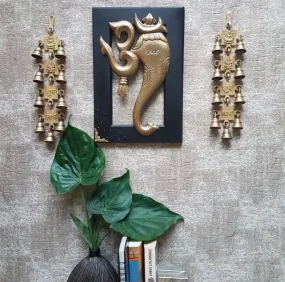 Om Ganesha Wall Hanging with Shubh Labh Laxmi Ganesh Brass Hanging Bells (Set of 3)