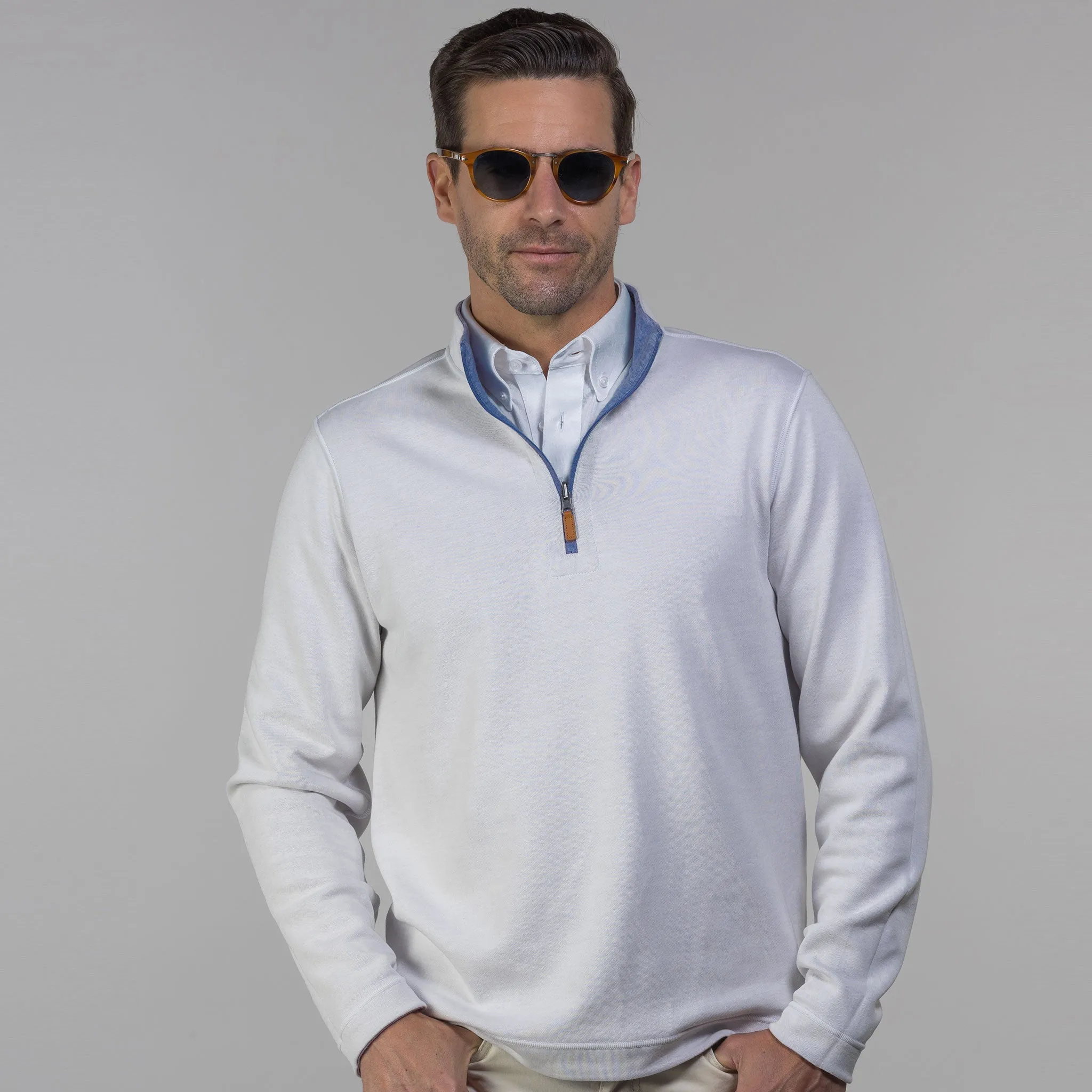 Pacific Blue and Off White Zen Cotton Blend Reversible Quarter Zip Pullover