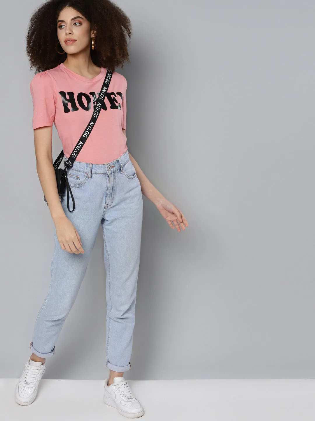 Pink HONEY Print Puff Sleeve T-Shirt