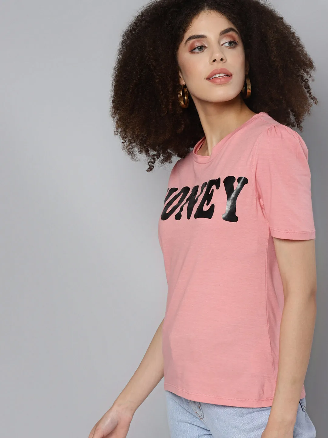 Pink HONEY Print Puff Sleeve T-Shirt