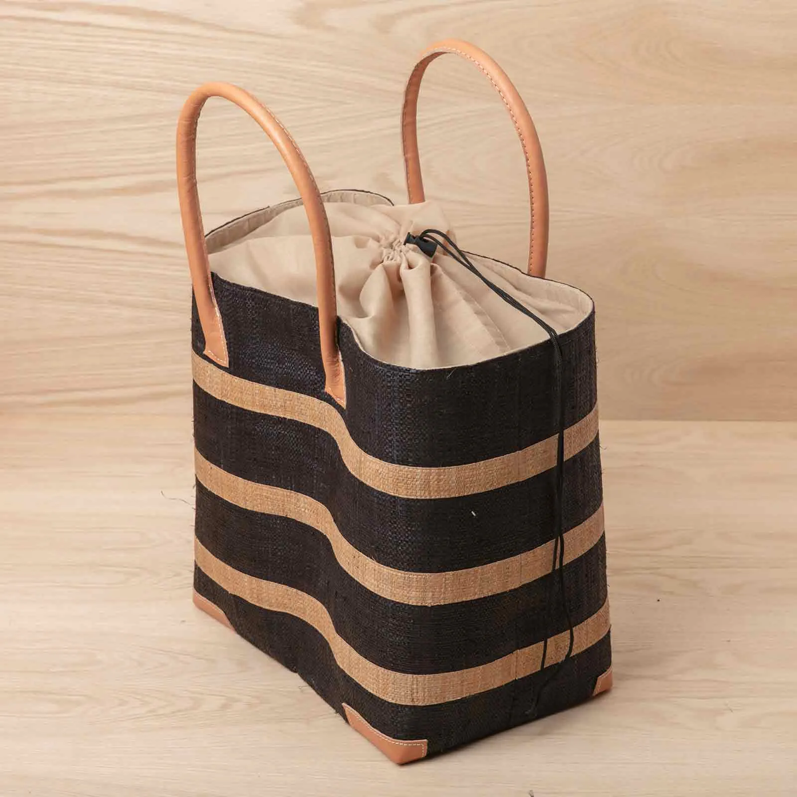 Raffia Black Beach Stripe Tote  with Leather Handle