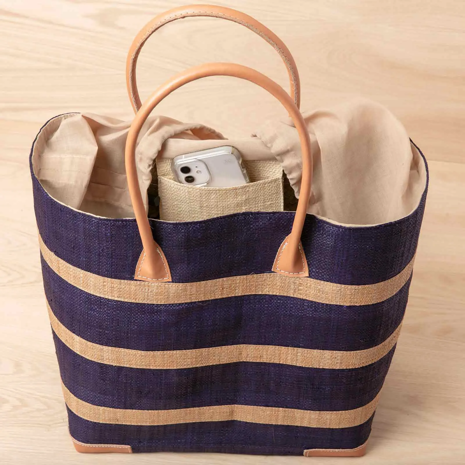 Raffia Navy Beach Stripe Tote with Leather Handle