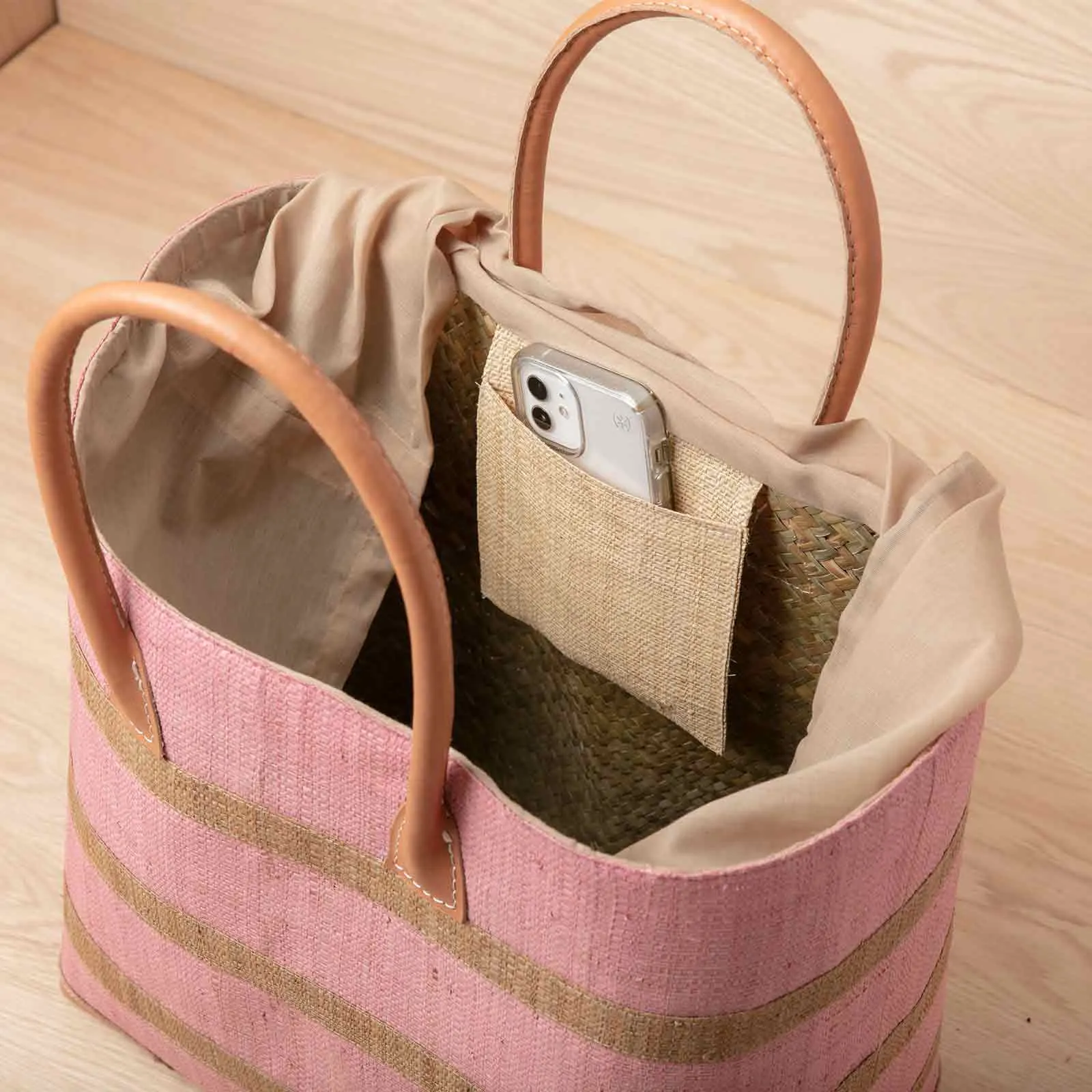 Raffia Pink Beach Stripe Tote with Leather Handle