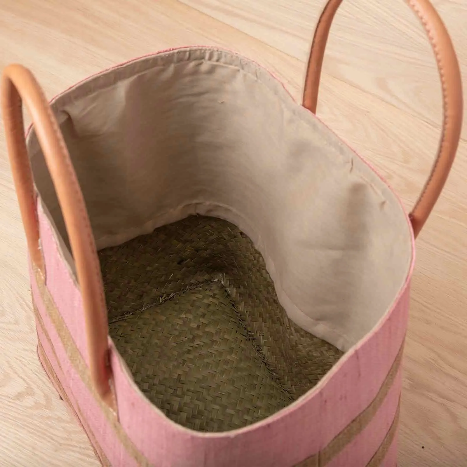 Raffia Pink Beach Stripe Tote with Leather Handle