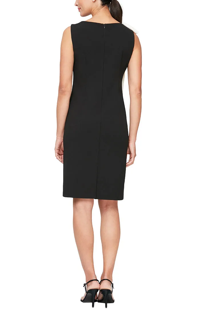 Regular - Short Sheath Stretch Crepe Party Dress with Contrast Bow Detail at Shoulder