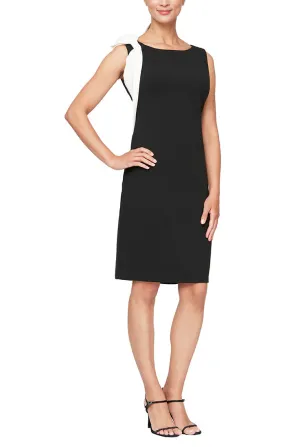 Regular - Short Sheath Stretch Crepe Party Dress with Contrast Bow Detail at Shoulder