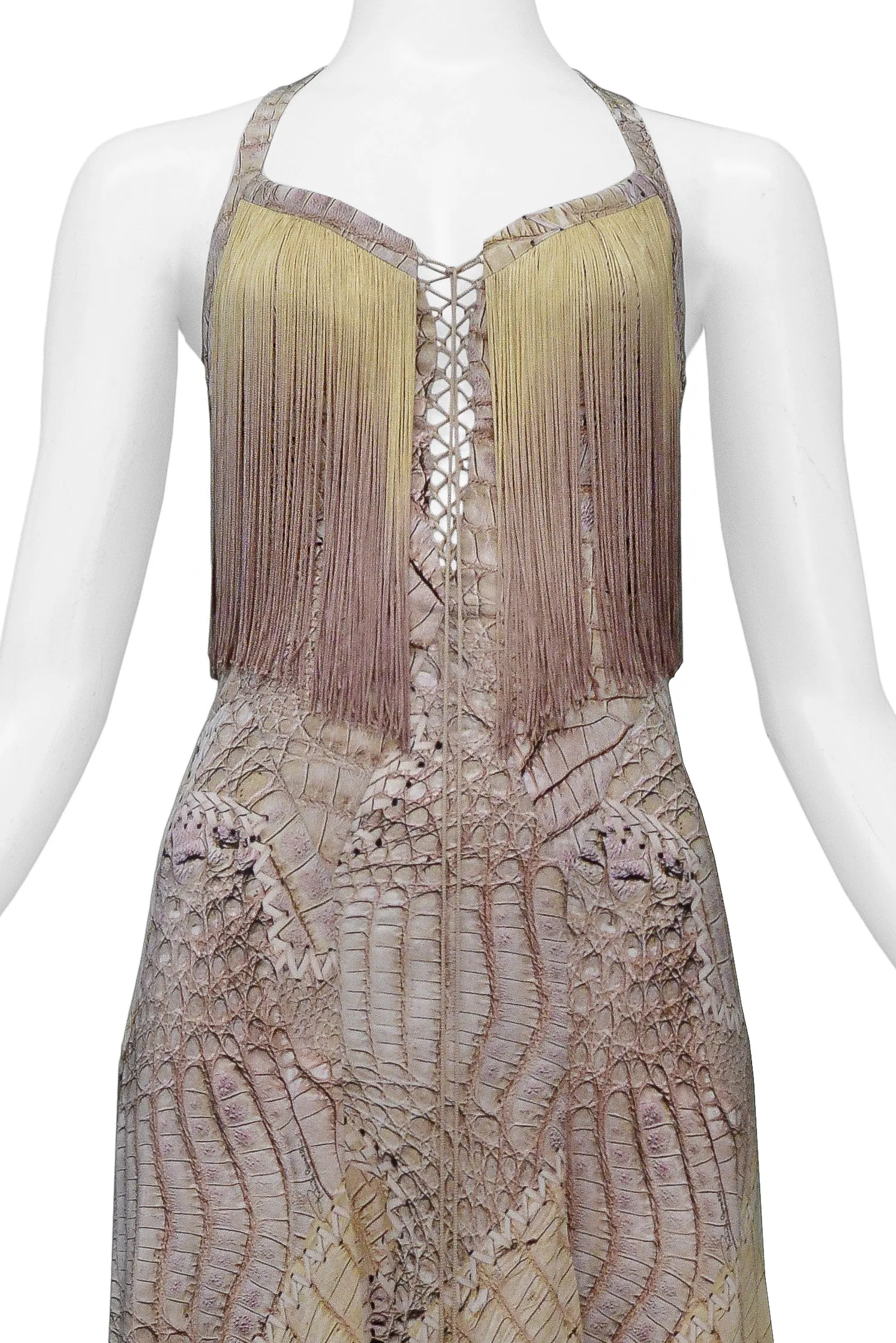 ROBERTO CAVALLI SNAKE PRINT HALTER DRESS WITH OMBRE FRINGE 2011