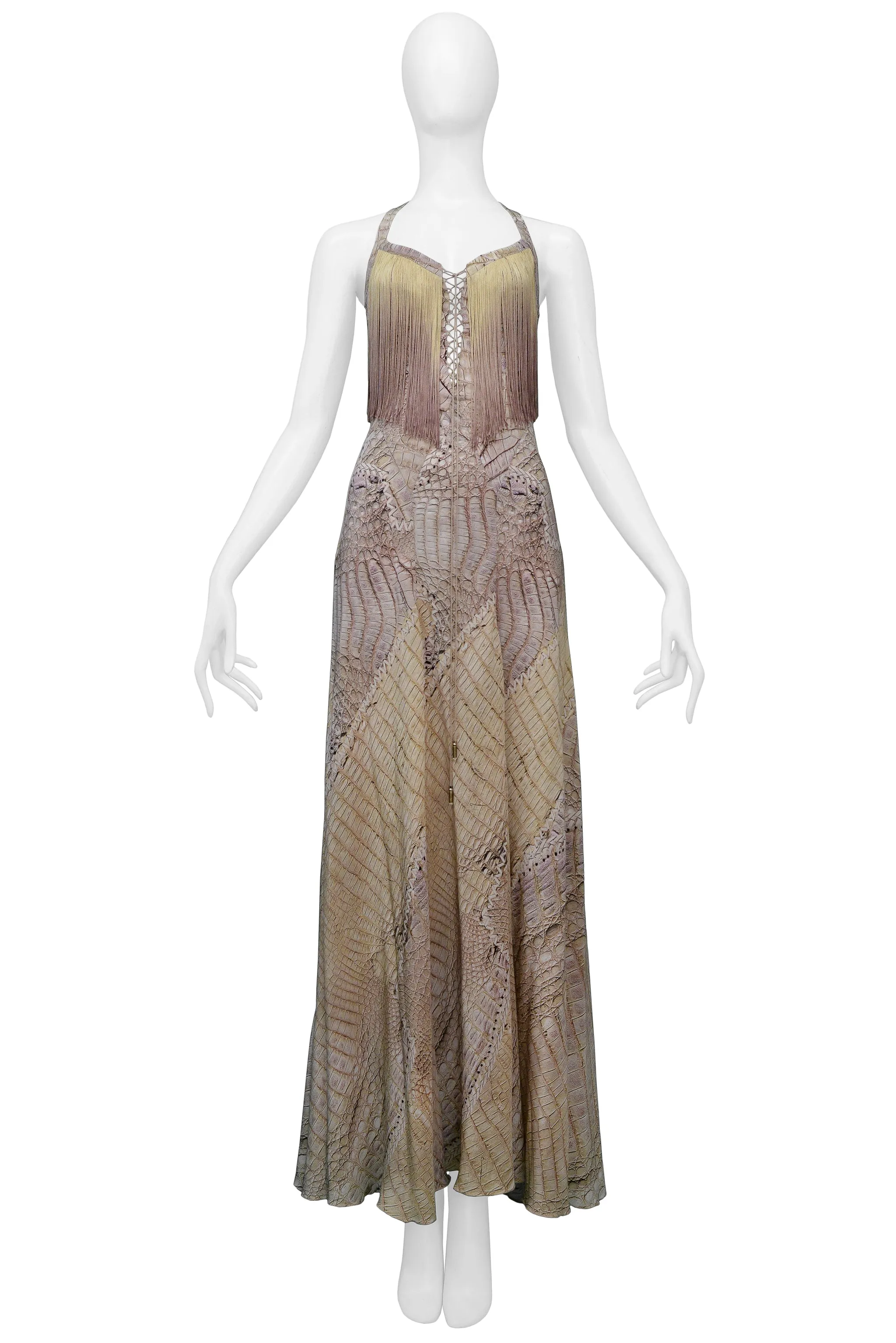 ROBERTO CAVALLI SNAKE PRINT HALTER DRESS WITH OMBRE FRINGE 2011