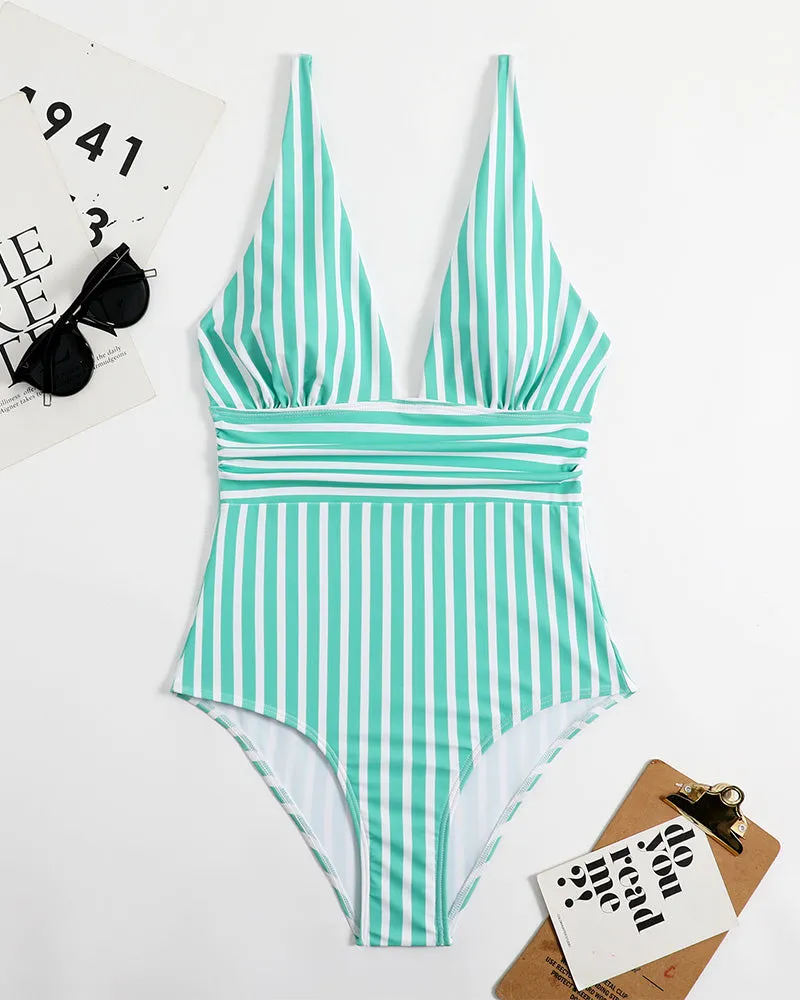 SheCurve® Striped Plunging Neck Swimsuit