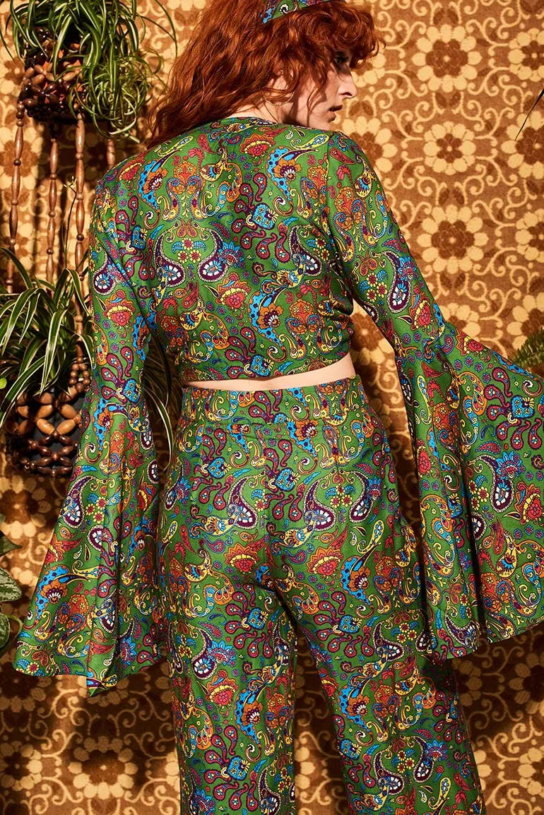 Summer Of Love Green Paisley Bell Sleeve Tie Top