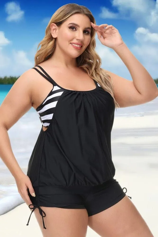 White Striped Separated Padded High Waisted Tankini Set