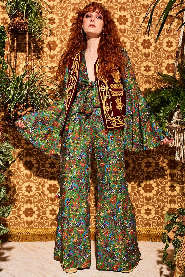 Wiggle Wiggle Green Paisley Wide Leg Trousers