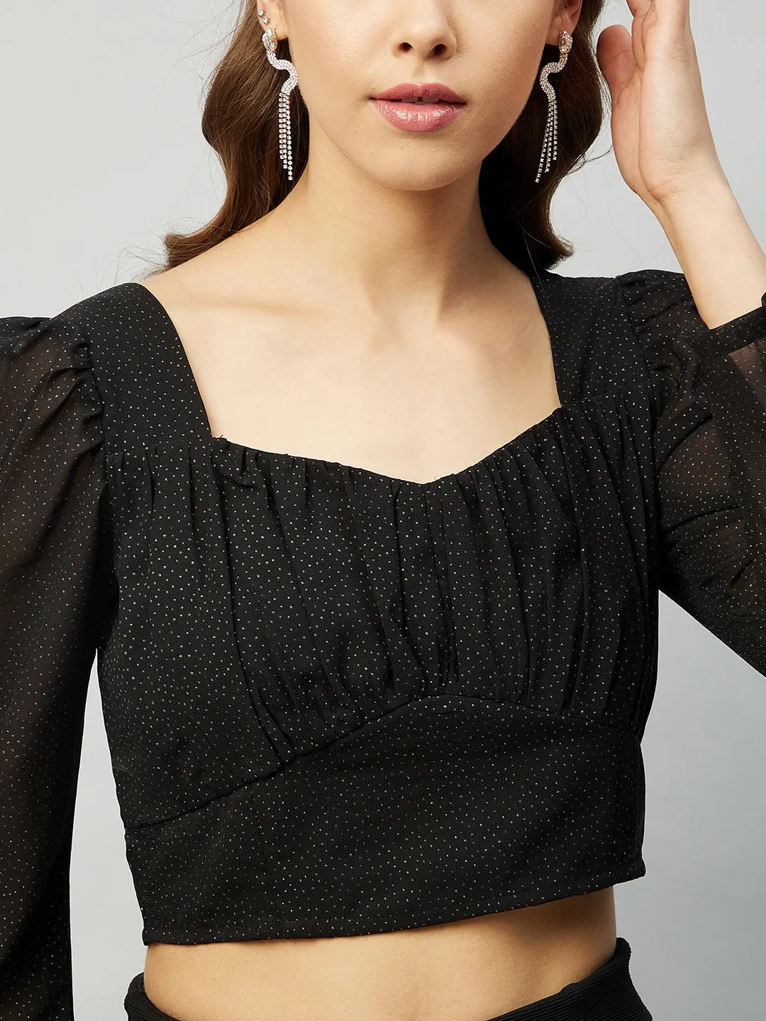 Women Black Colour Sweetheart Neck Polka Dots Regular Top