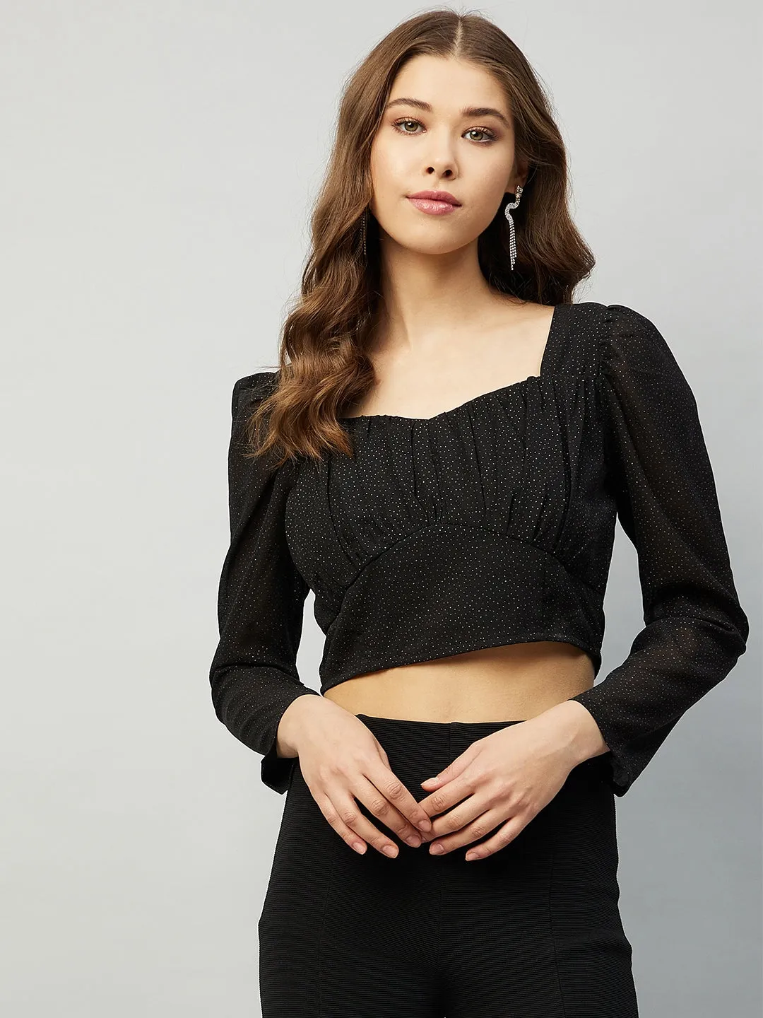 Women Black Colour Sweetheart Neck Polka Dots Regular Top