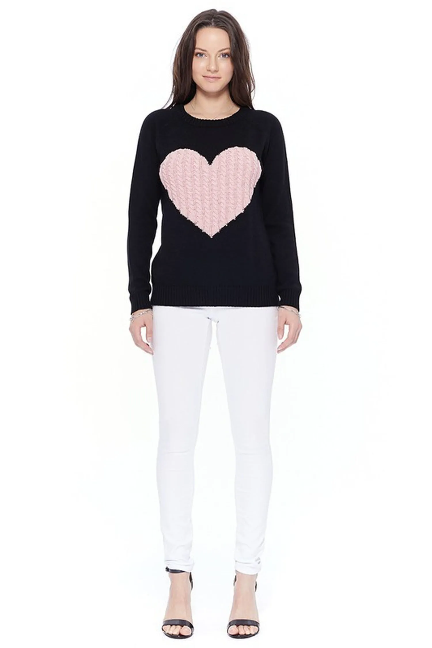 YEMAK Women's Long Sleeve Crewneck Cute Heart Cable Knit Pullover Sweater MK3506 (S-L)