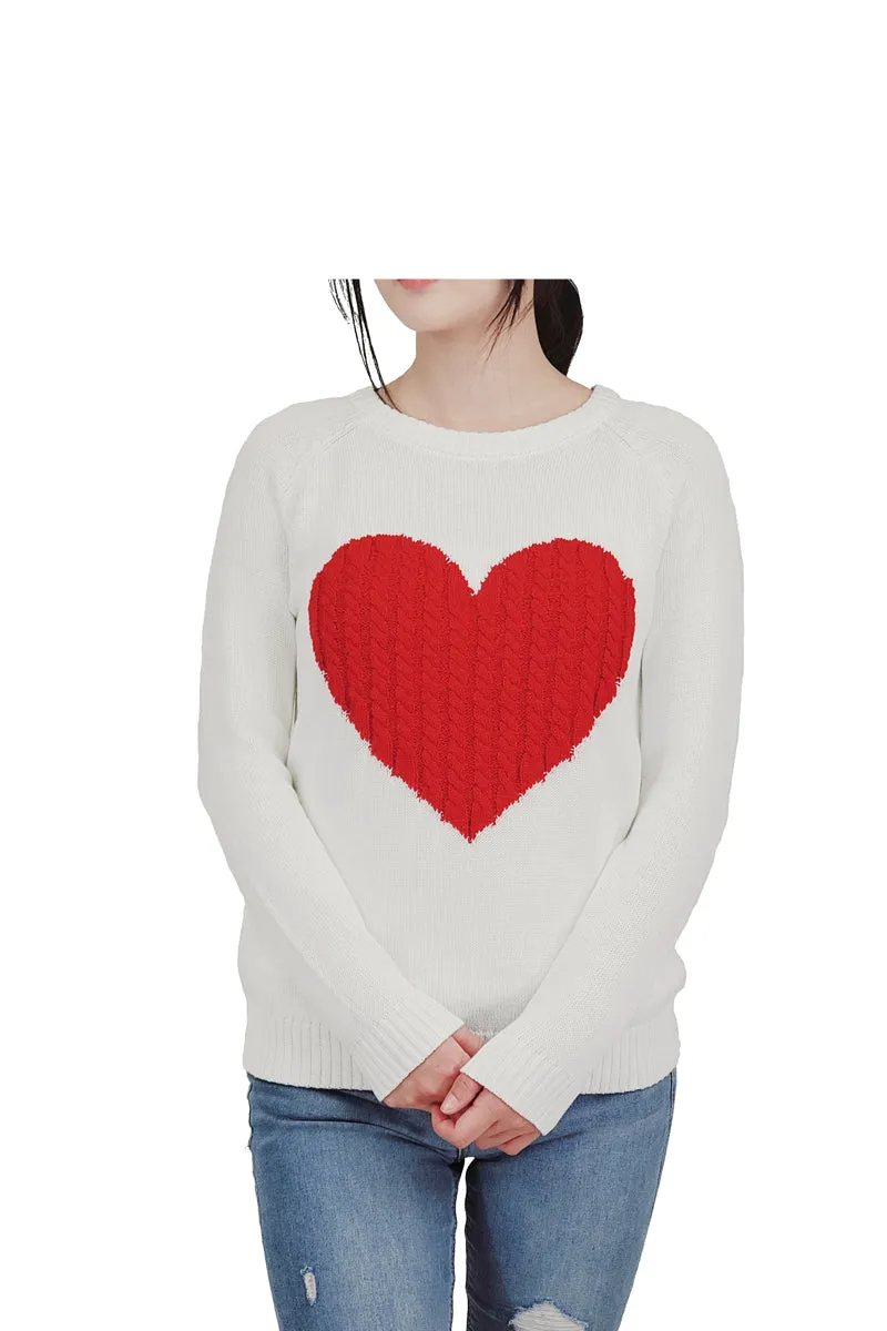 YEMAK Women's Long Sleeve Crewneck Cute Heart Cable Knit Pullover Sweater MK3506 (S-L)