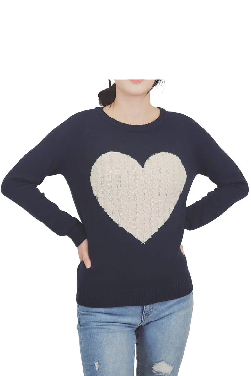 YEMAK Women's Long Sleeve Crewneck Cute Heart Cable Knit Pullover Sweater MK3506 (S-L)