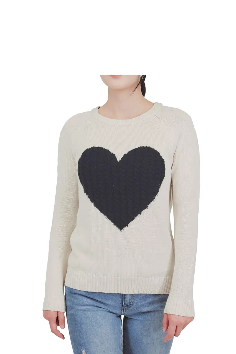 YEMAK Women's Long Sleeve Crewneck Cute Heart Cable Knit Pullover Sweater MK3506 (S-L)